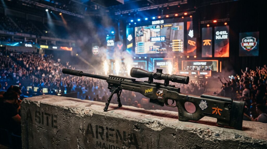 CS2 sniper rifle on competitive tournament stage