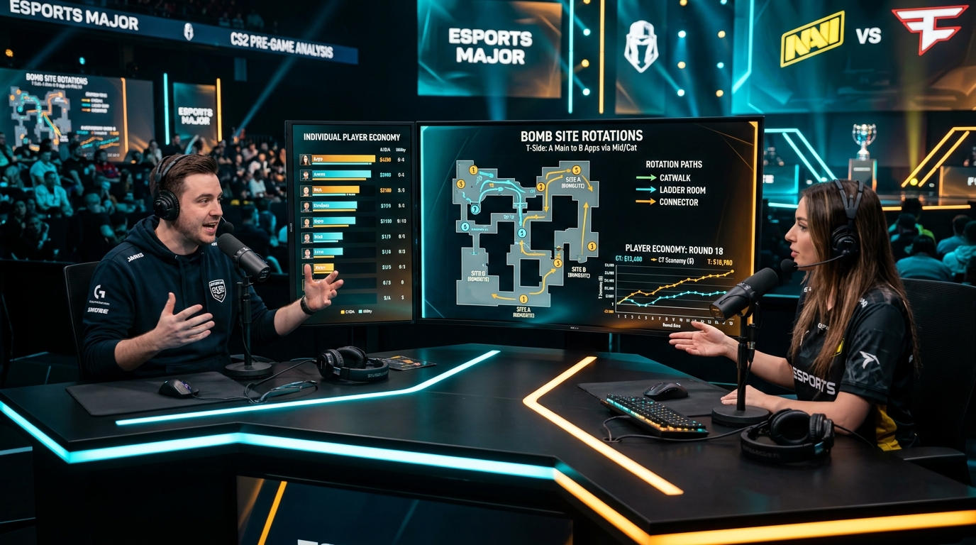 CS2 best of three match analysis studio desk and map veto radar