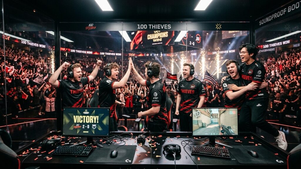 100 Thieves pro team celebrating victory sweep over T1 at Champions