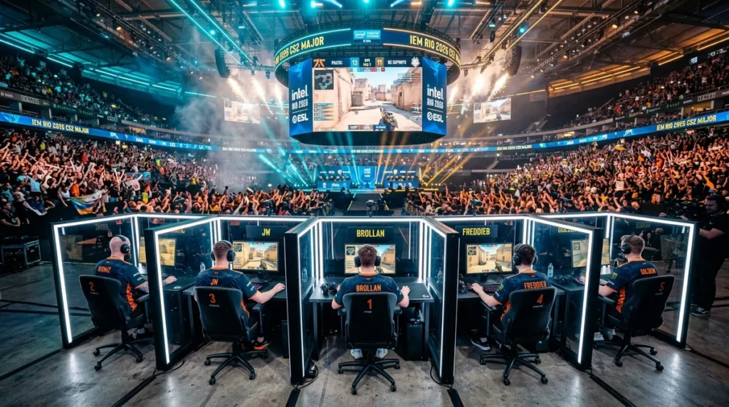Professional Counter-Strike 2 esports championship stage with players in soundproof booths