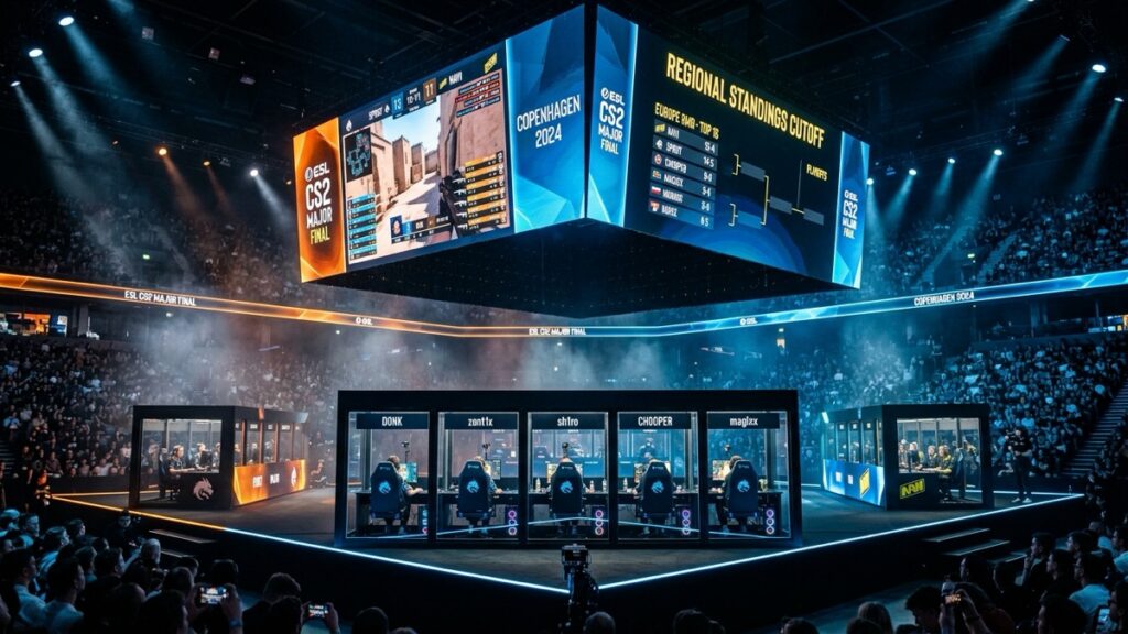 CS2 Major stage with Valve Regional Standings RMR cutoff bracket display
