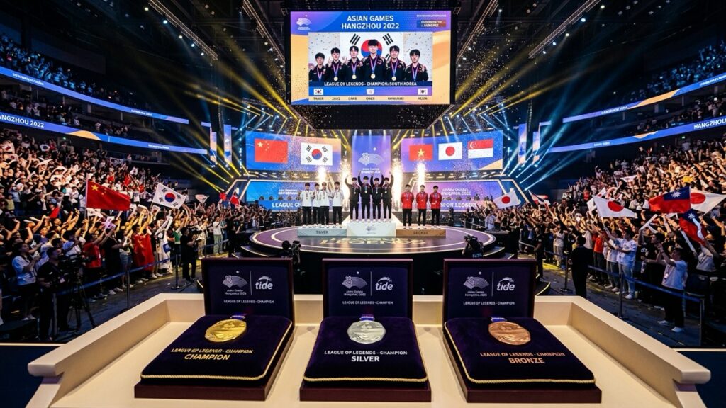 Asian Games League of Legends medal podium and tournament stadium