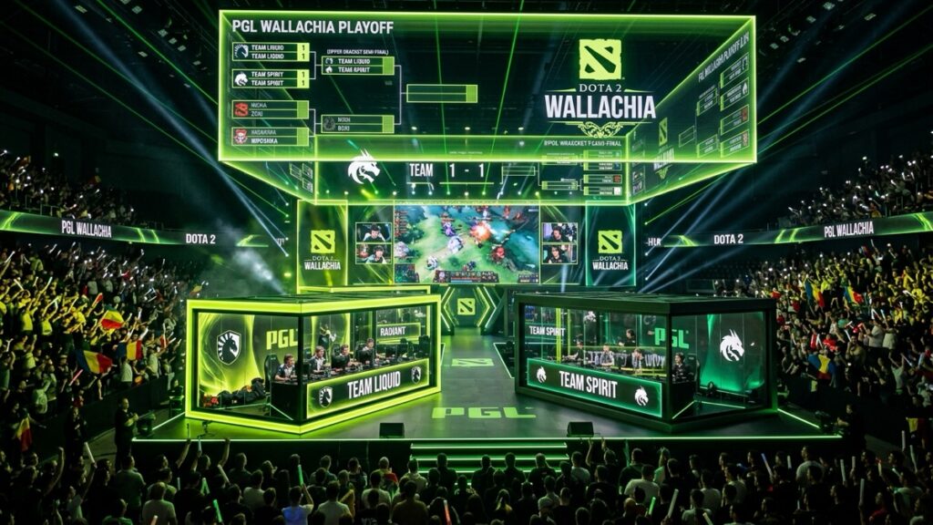 PGL Wallachia Season 9 Dota 2 playoff arena stage and team booths