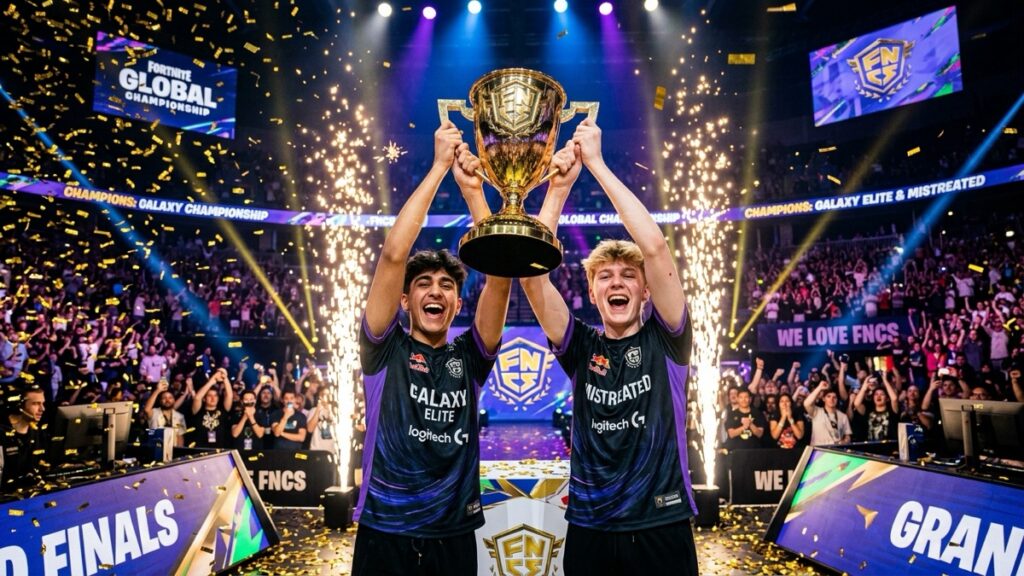 Pixie and Swizzy lifting the Fortnite Global Championship FNCS trophy