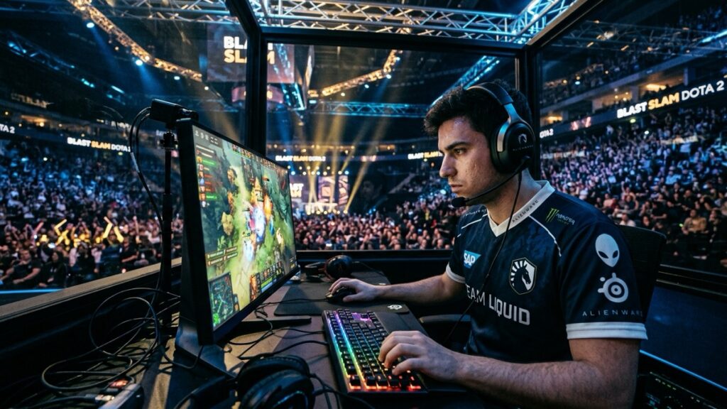 Team Liquid competing at BLAST SLAM Dota 2 tournament in soundproof booth